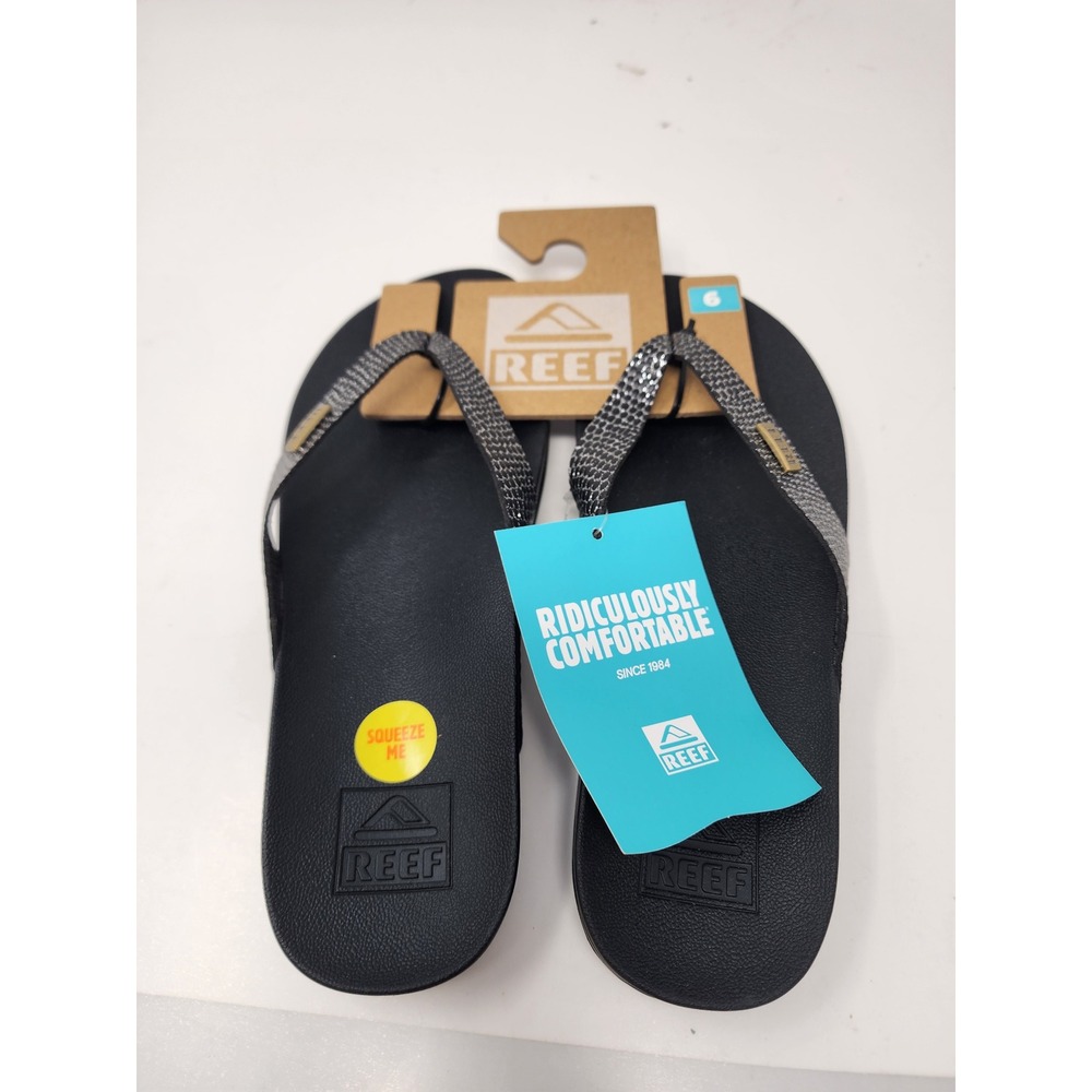 Reef Womens Cushion Court Flip Flops Black Faux Leather Casual Size 6